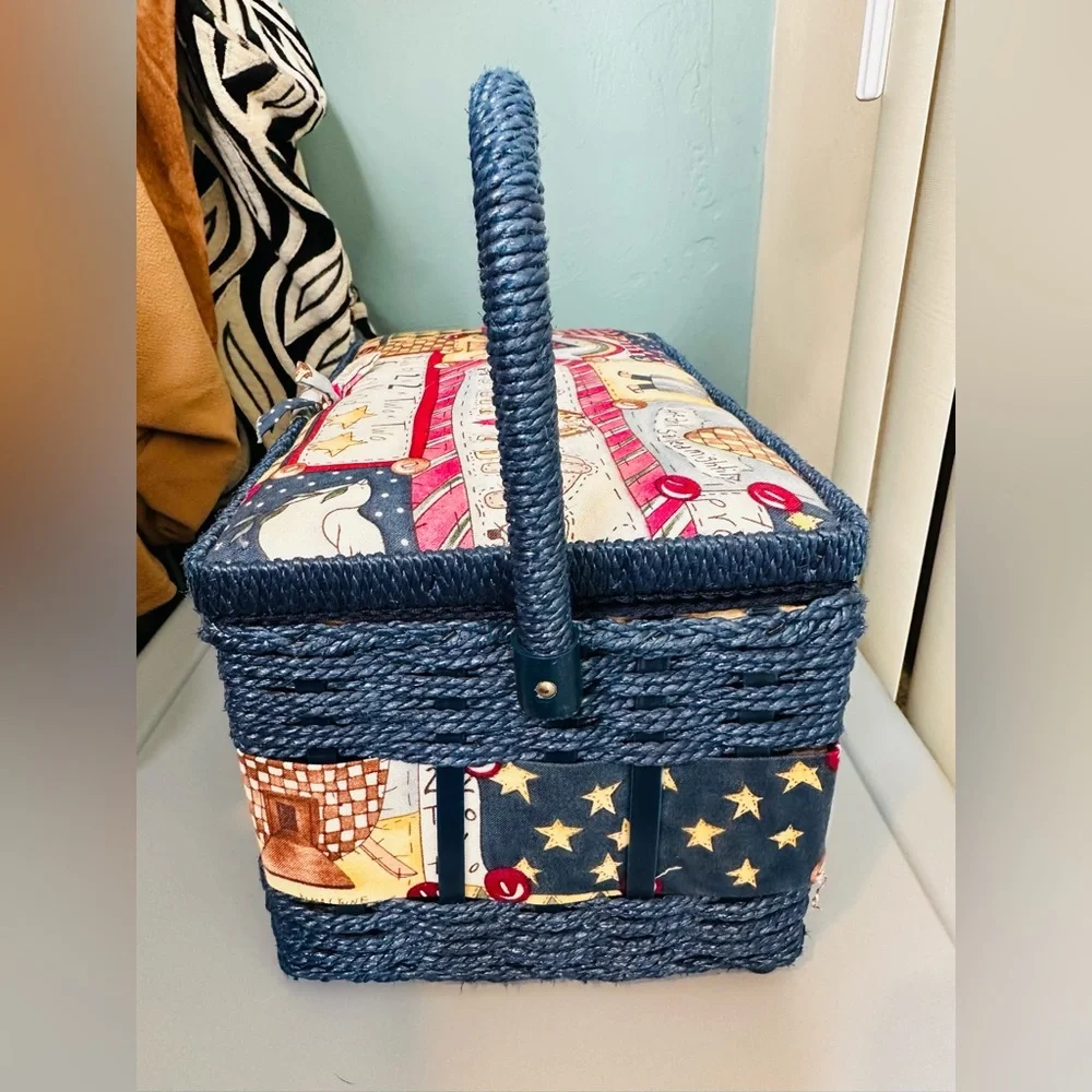 Vintage Blue Wicker Sewing Basket Noah’s Arc Fabric Lid Patchwork Design